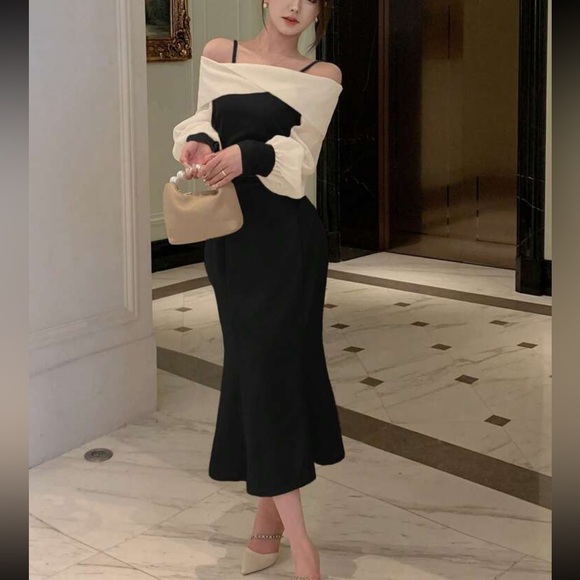 Black & ivory midi mermaid fit puff sleeve off shoulder formal dress - Picture 6 of 6